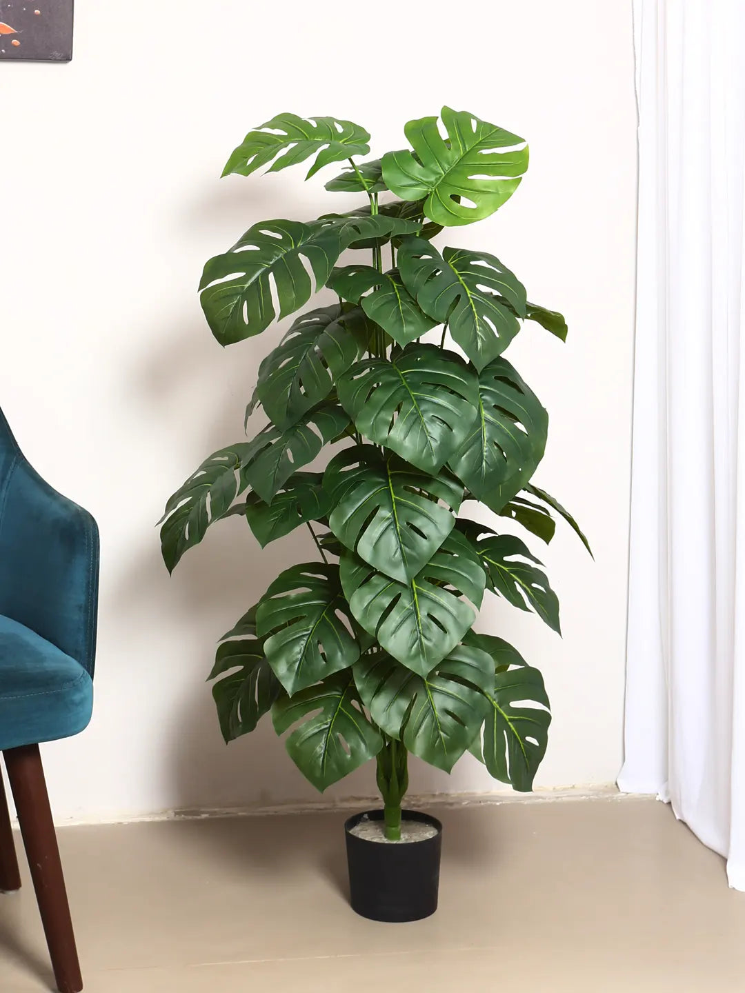 Artificial Midas Monstera Plant with Basic Black Pot - 4 Feet 24 Green Leaves