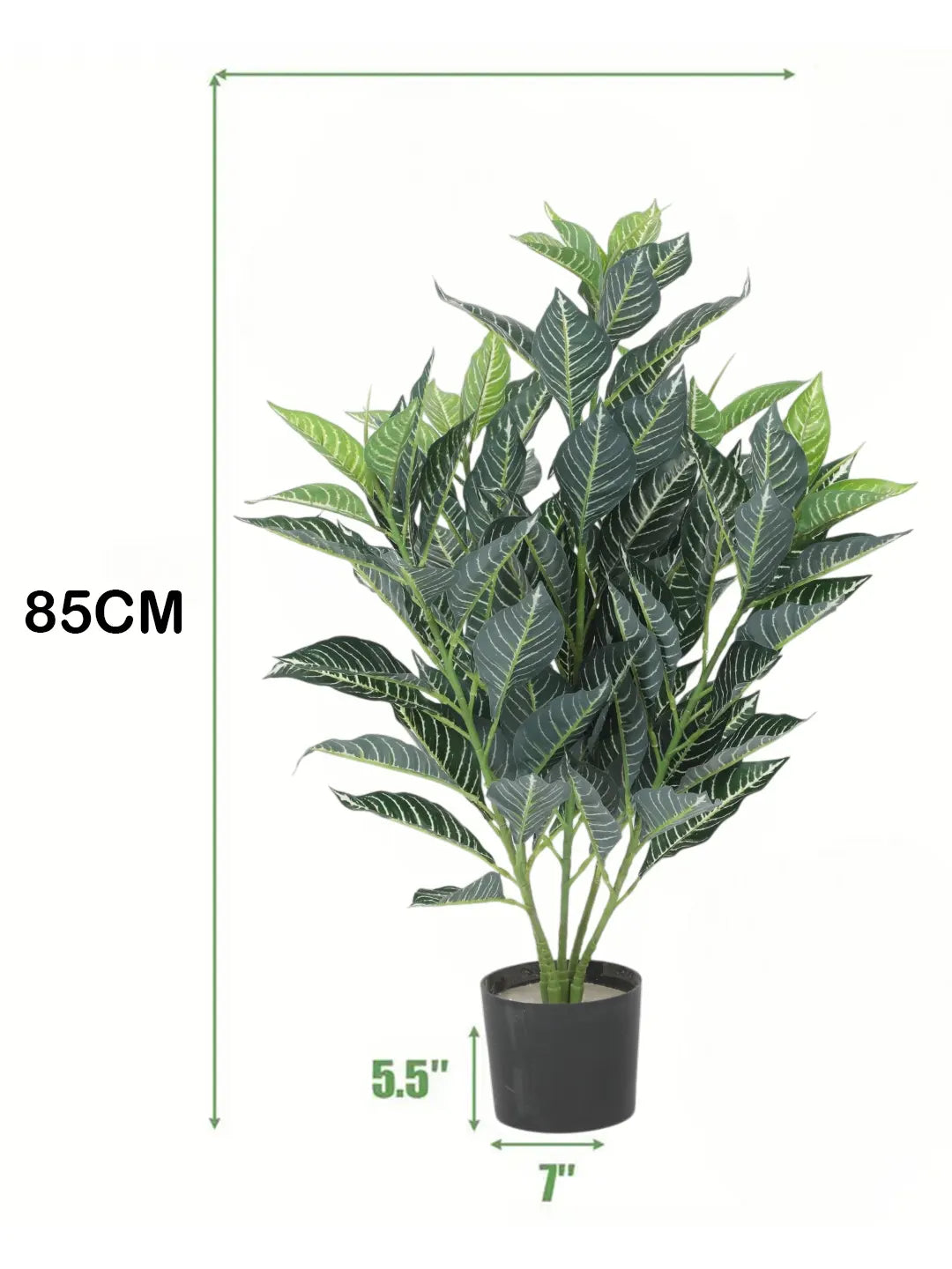 Artificial White Veined Croton Plant with Basic Black Pot (85 cm Tall, 104 Light Green Leaves)