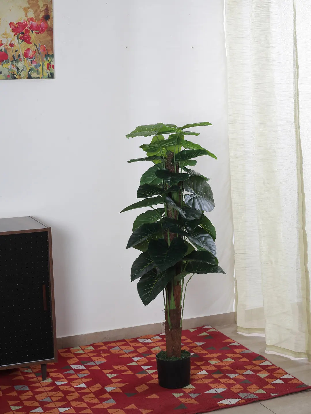 Artificial Dual Rubber Looking Leaves Plant with Basic Black Pot - 120 cm Tall Green