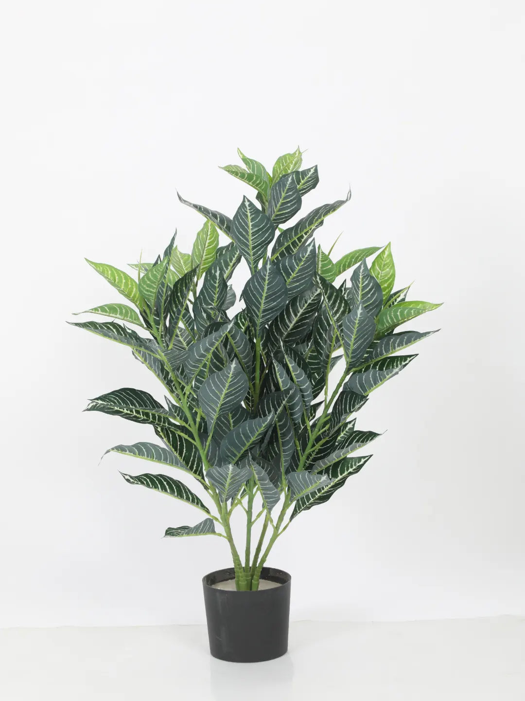 Artificial White Veined Croton Plant with Basic Black Pot (85 cm Tall, 104 Light Green Leaves)