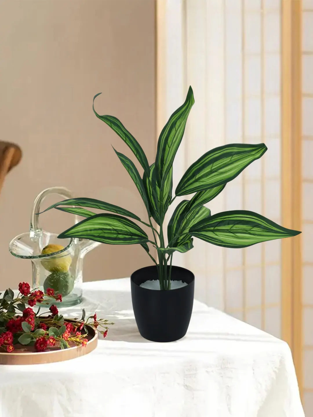 Artificial Green Dracaena Plant (12 Leaves with Basic Black Pot 45 Cm Tall)