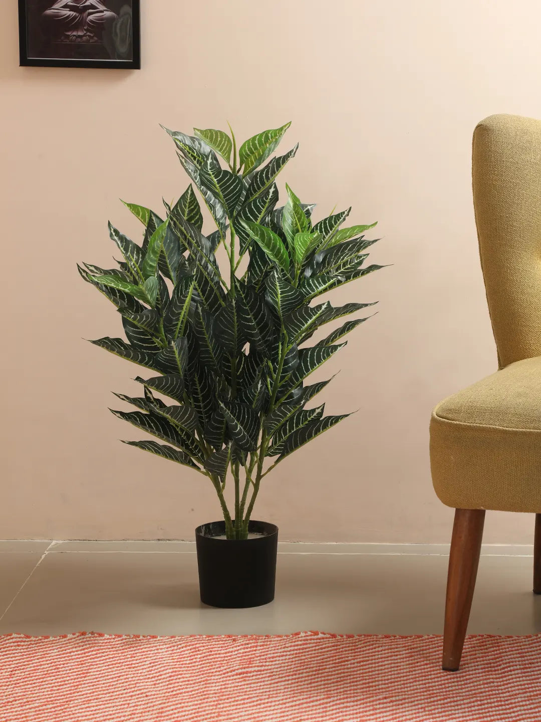 Artificial White Veined Croton Plant with Basic Black Pot (85 cm Tall, 104 Light Green Leaves)
