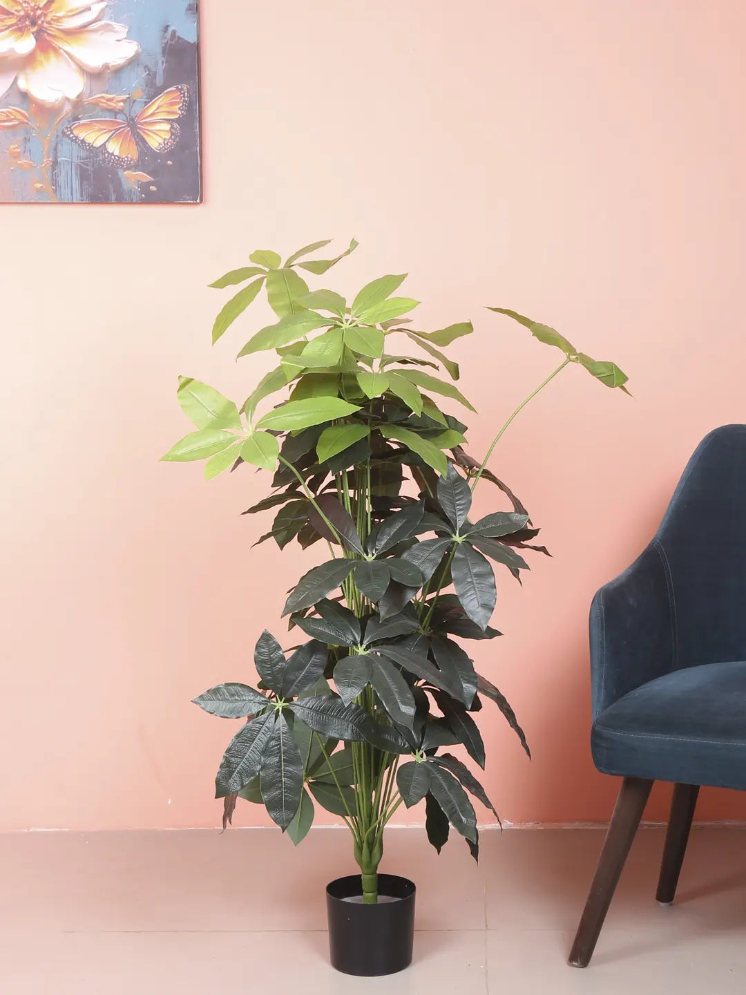 Artificial Midas Guiana Chestnut Plant with Basic Black Pot - 4 Feet 24 Green Leaves
