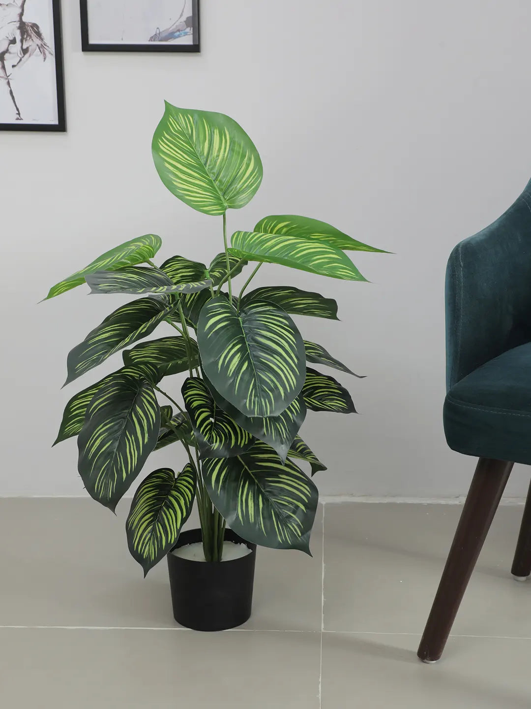 Artificial Watermelon Leaf Green Floor Plant with Pot (24 Leaves, 80 cm Tall, Green)