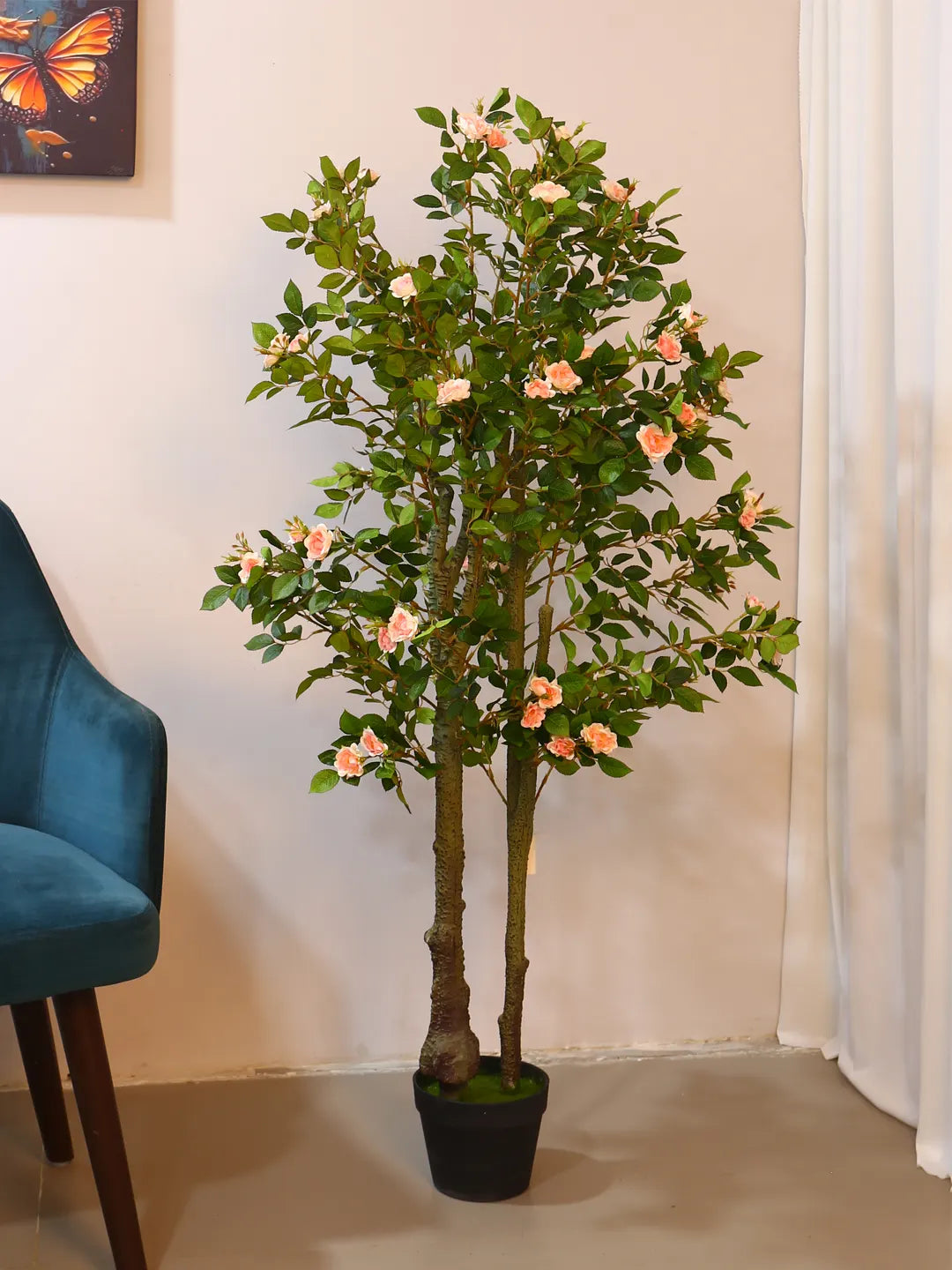 Artificial Twisted Rose Flowers Tree with Basic Black Pot - 125 cm Tall Pink