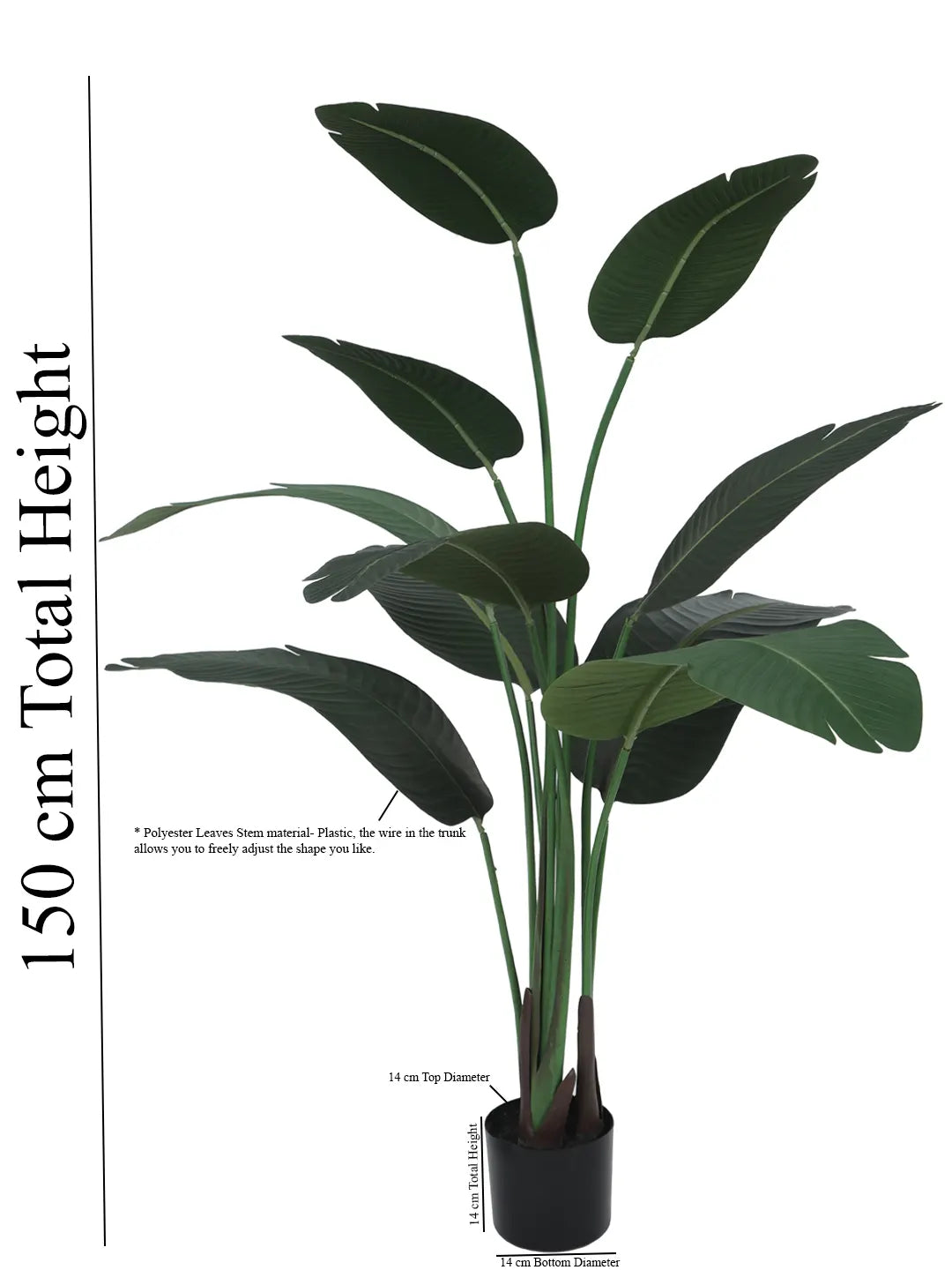 Artificial Cavendish Traveller Plant with Basic Black Pot - 5 Feet Tall, Dark Green Leaves