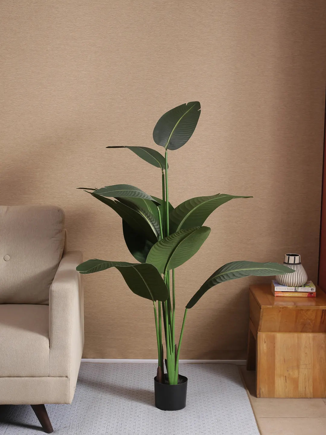 Artificial Cavendish Traveller Plant with Basic Black Pot - 5 Feet Tall, Dark Green Leaves