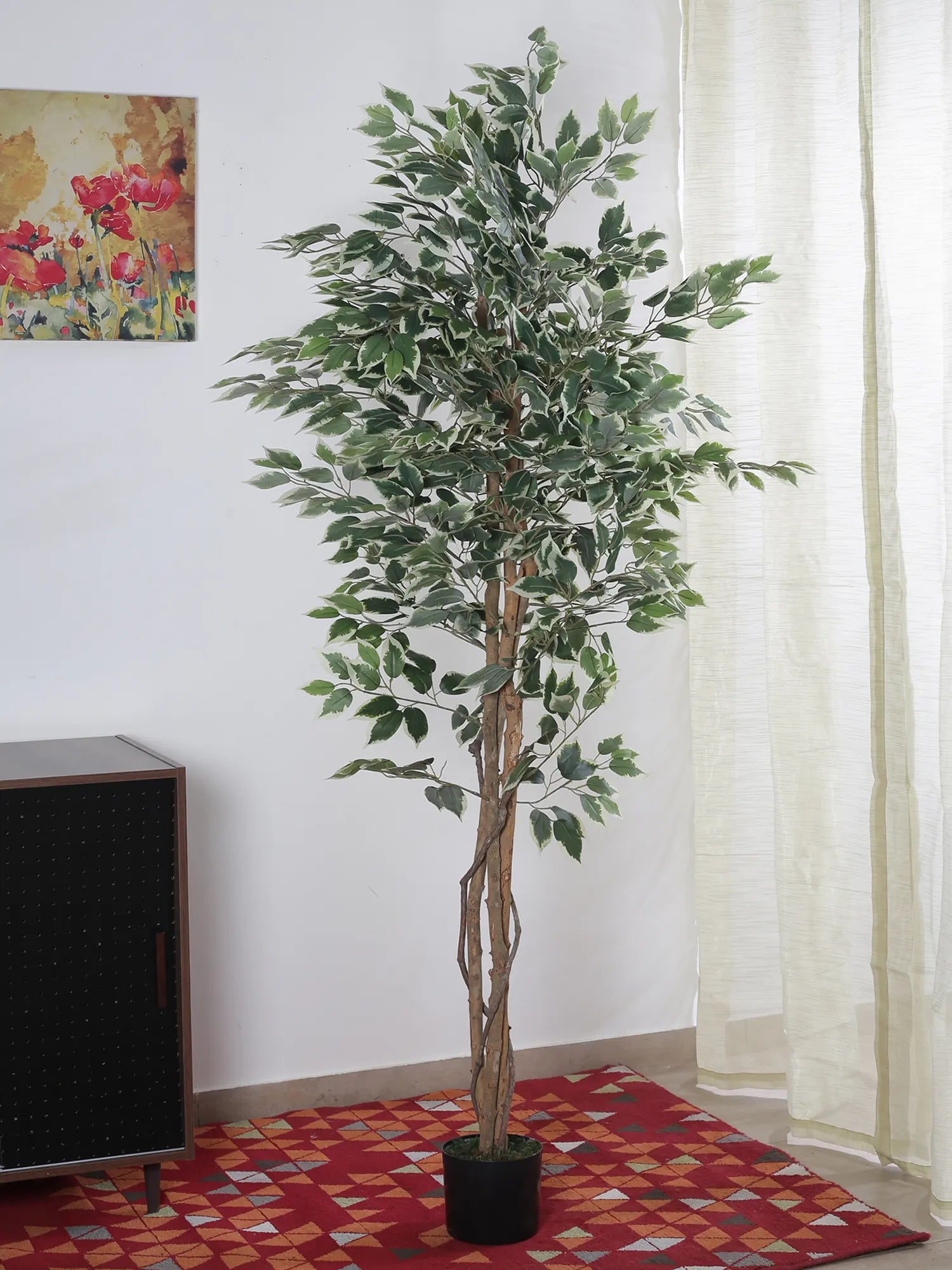 Artificial Variegated Dried Ficus Plant with Basic Black Pot - 6 Feet Tall Green Leaves