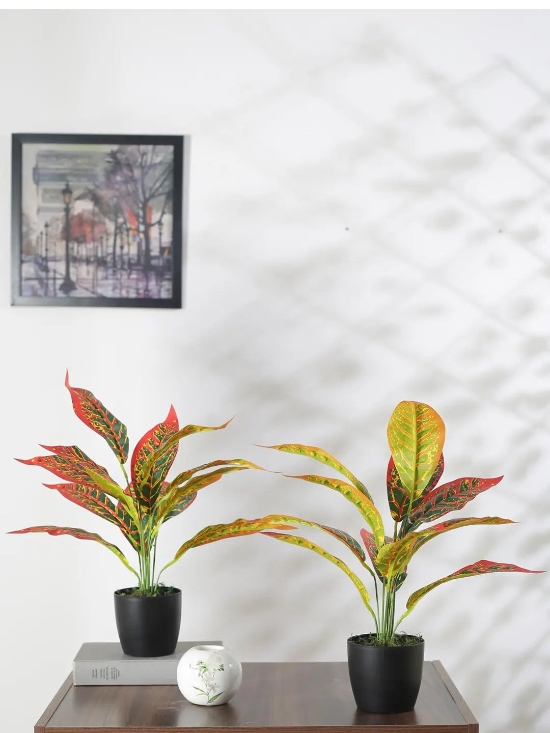 Artificial Red Iceton Croton Plant (12 Leaves with Basic Black Pot 45 Cm Tall Pack of 2)