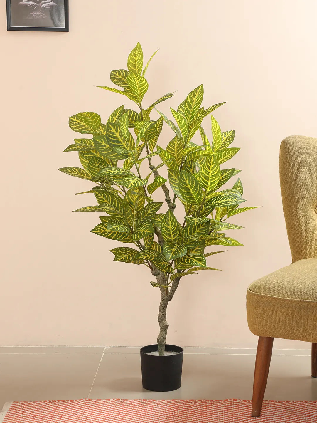 Artificial Variegated Dried Croton Plant with Basic Black Pot - 4 Feet