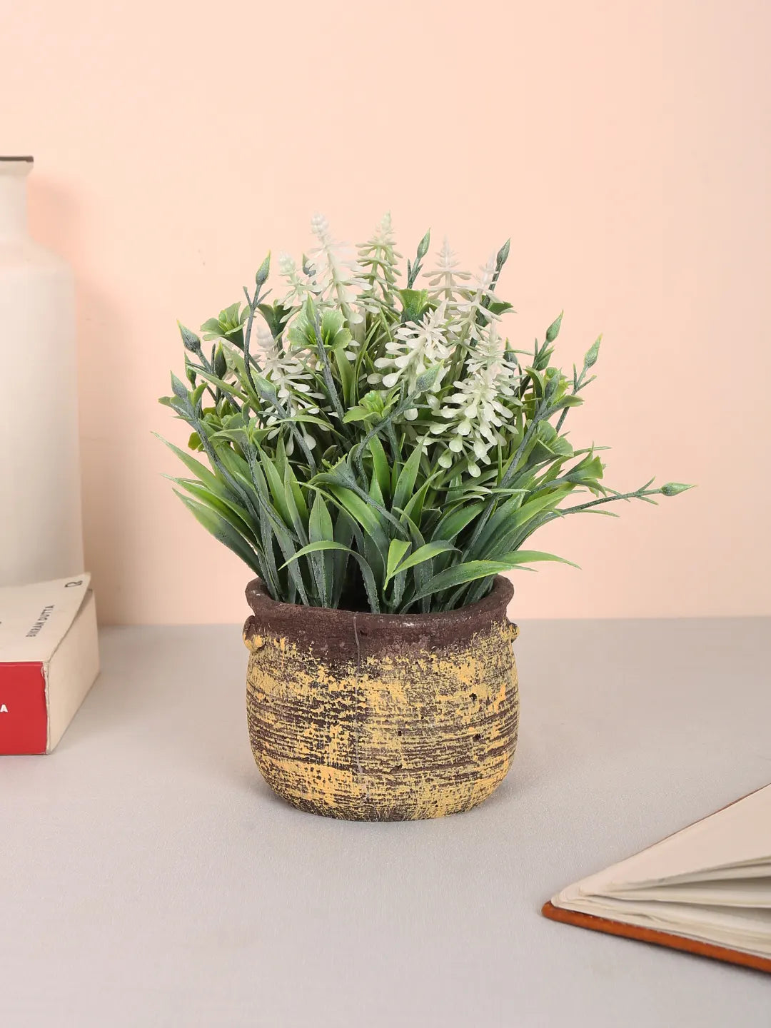 Artificial Beautiful Lavender Flower With Pot (22 cm Tall, White)