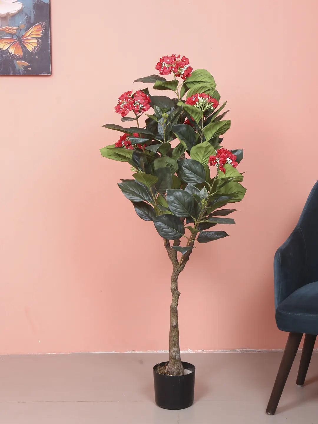 Artificial Hydrangea Bloom Plant with Basic Black Pot - 4.2 Feet Green/Red