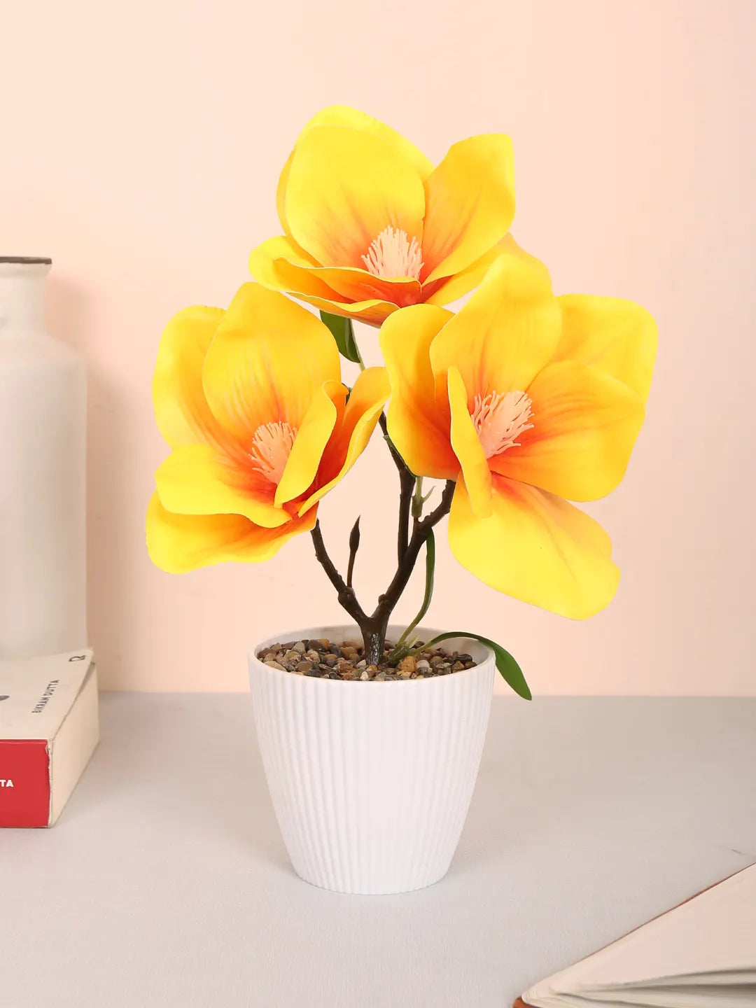 Artificial Real Touch Magnolia Flower With Pot (30 cm Tall, Yellow)