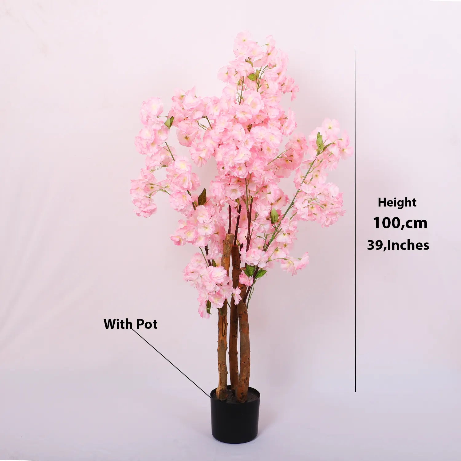Artificial Pink Peach Blossom Flowers Plant For with Basic Black Pot- 100 cm tall - Pink