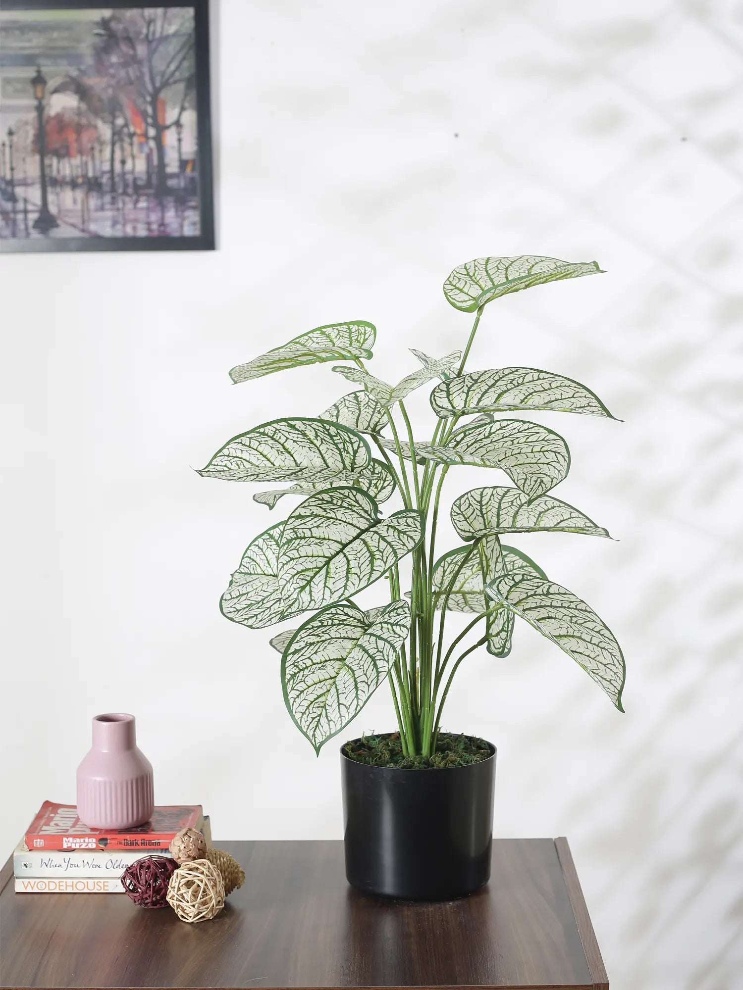 Artificial Caladium Leaf Plants for with Pot (18 Leaves, 65 cm Tall. Green/White)