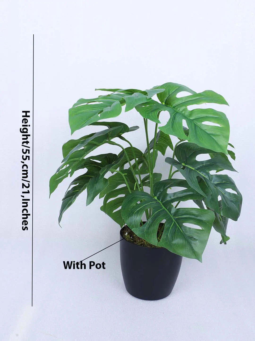 Artificial Miniature PVC Silk Monstera Leaf Green Floor Plant with Pot (12 Leaves, 55 cm Tall, Green)