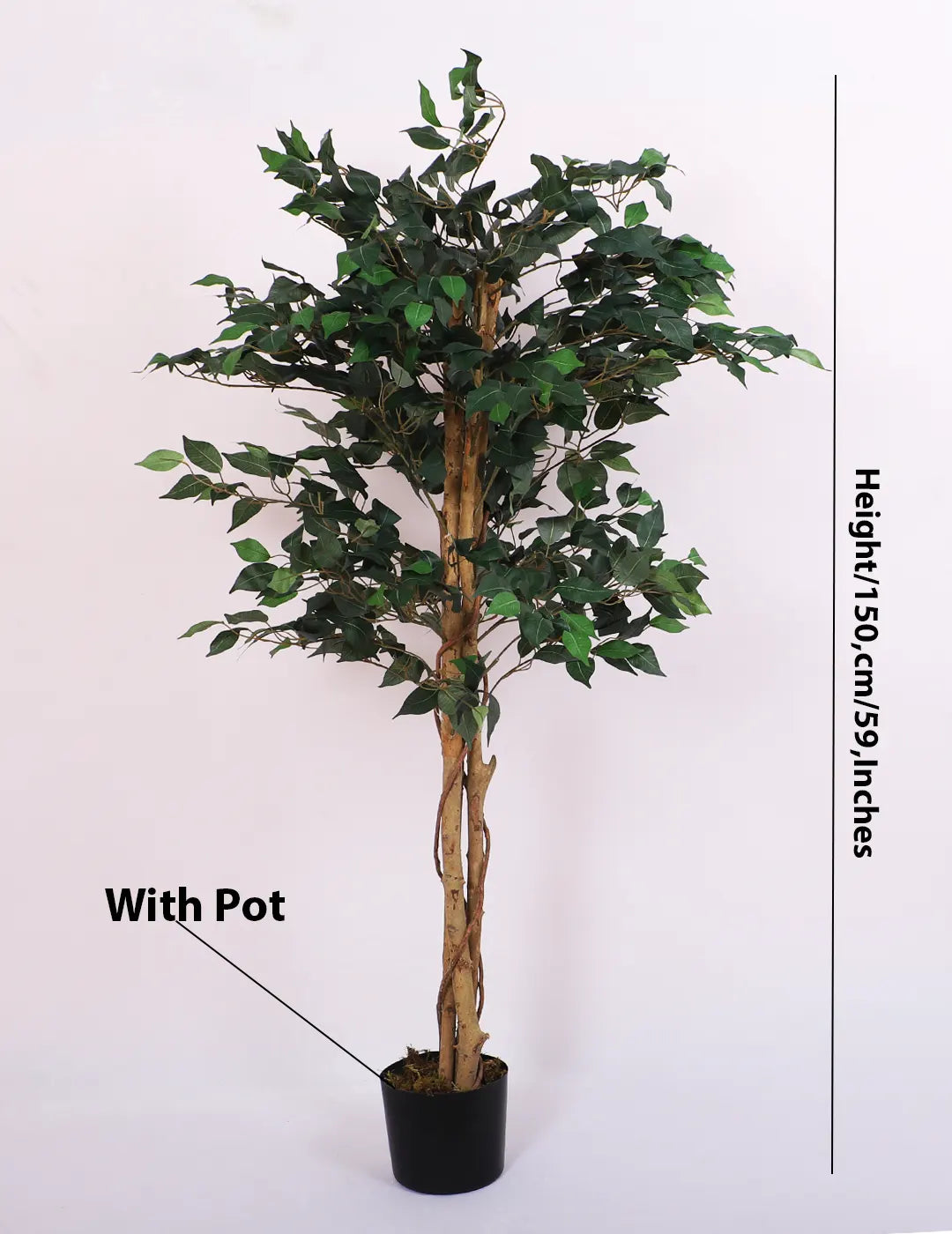 Artificial Green Dried Ficus Plant with Basic Black Pot - 5 Feet Tall Green Leaves