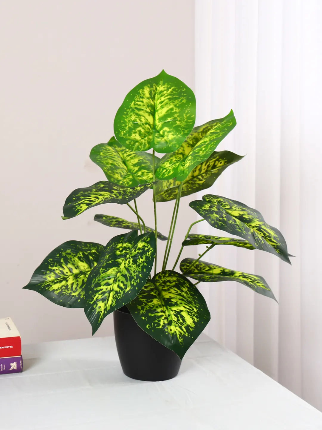 Artificial Miniature PVC Silk Dieffenbachia Leaf Green Floor Plant with Pot (12 Leaves, 55 cm Tall, Green)