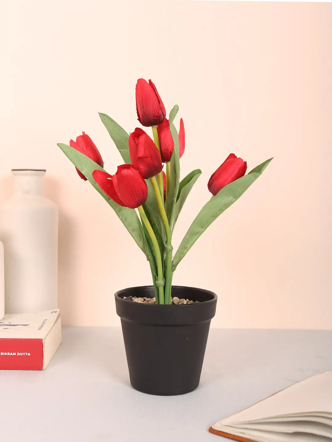 Artificial Mini Tulip Flower Bonsai Plant with Pot (32 cm Height, 7 Tulip Stems, Red)
