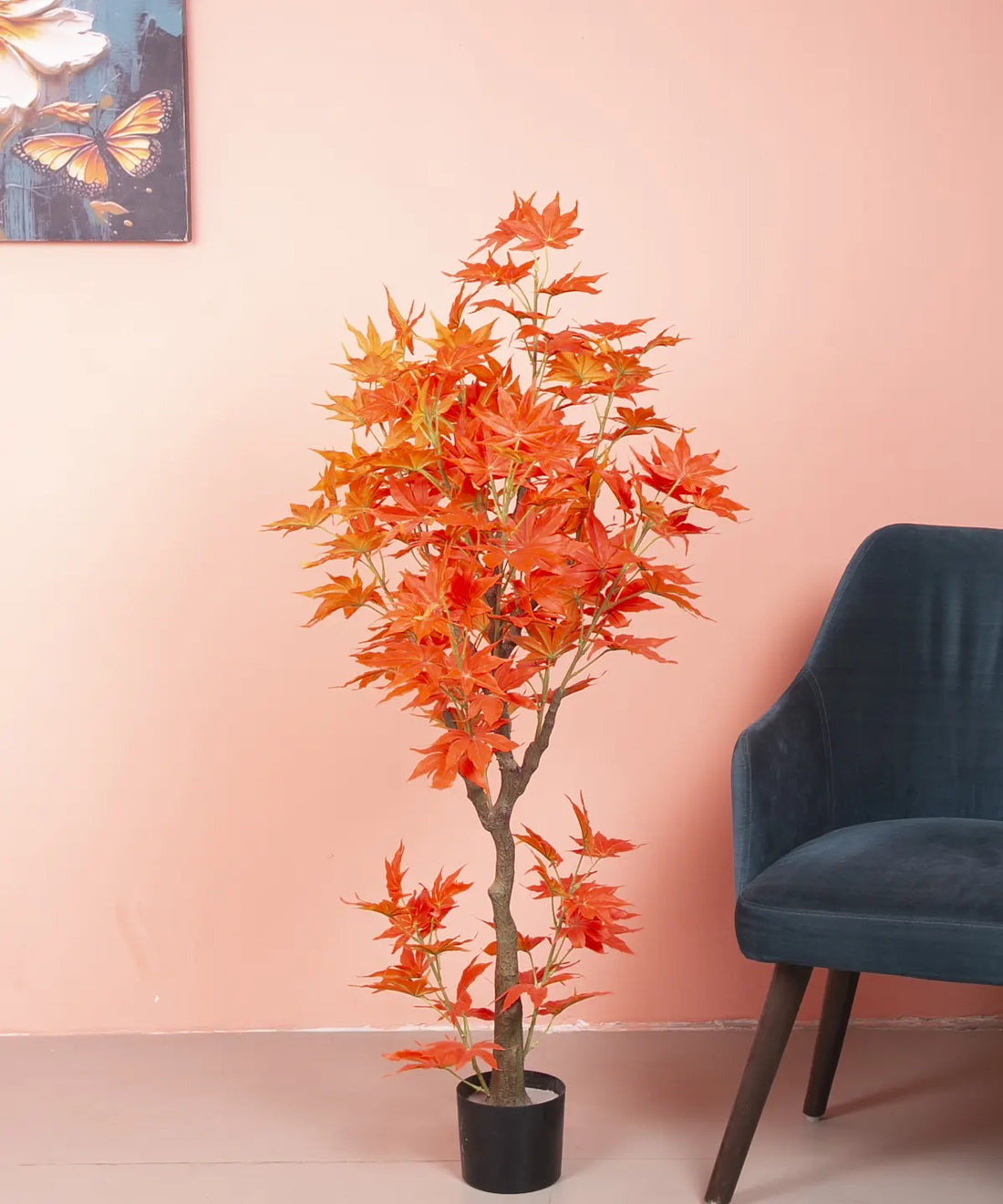 Artificial Dried Maple Plant with Basic Black Pot - 4 Feet Tall Orange Leaves