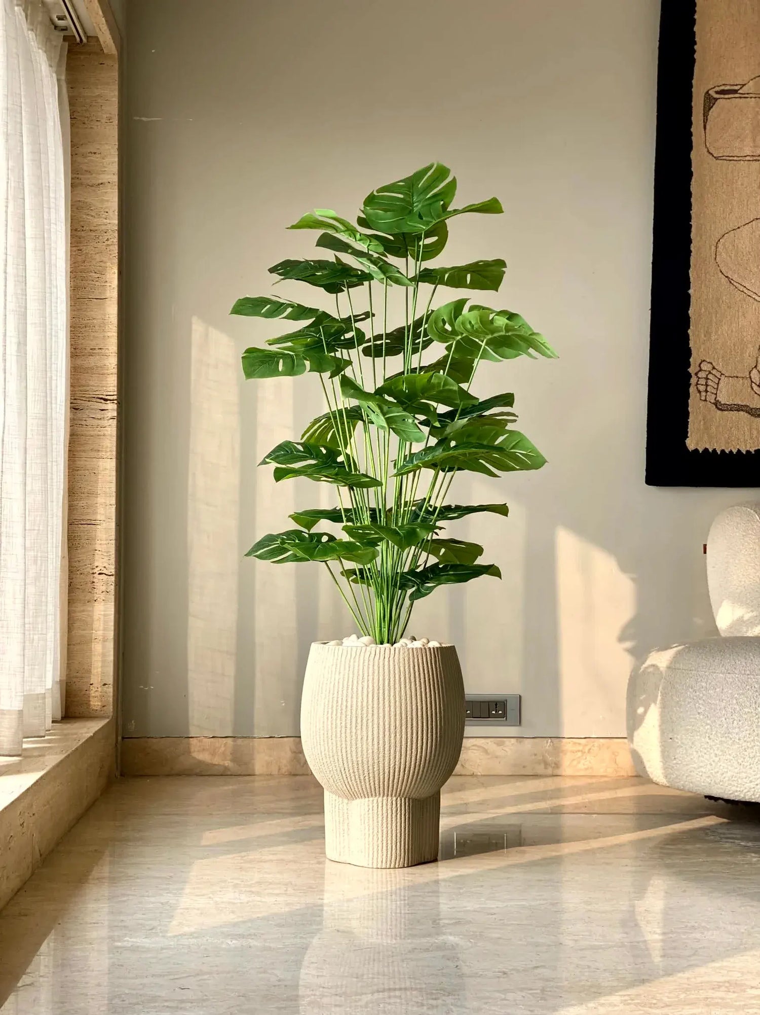 Artificial Midas Monstera Plant with Basic Black Pot - 4 Feet 24 Green Leaves