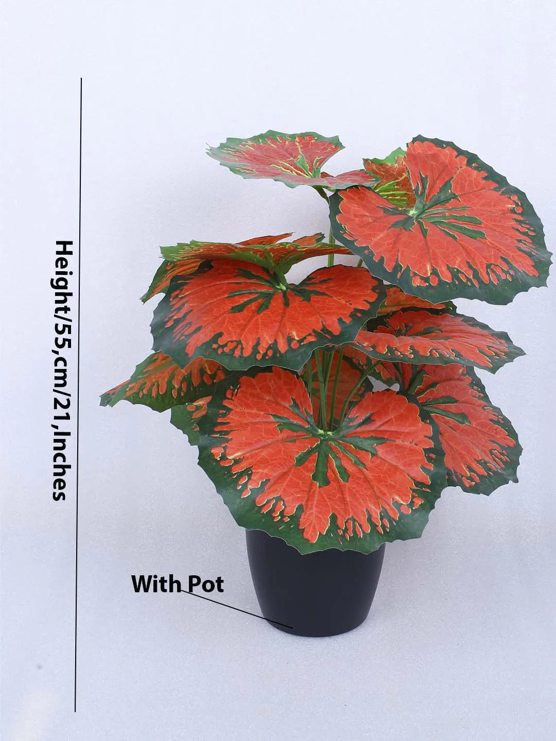 Artificial Miniature PVC Silk Caladium Leaf Red Floor Plant with Pot (12 Leaves, 55 cm Tall, Red)