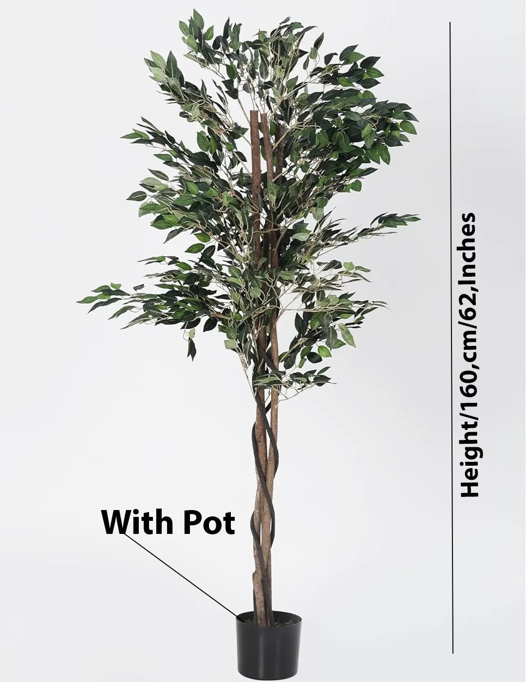 Artificial Green Dried Ficus Plant with Basic Black Pot - 160 cm Tall Green Leaves