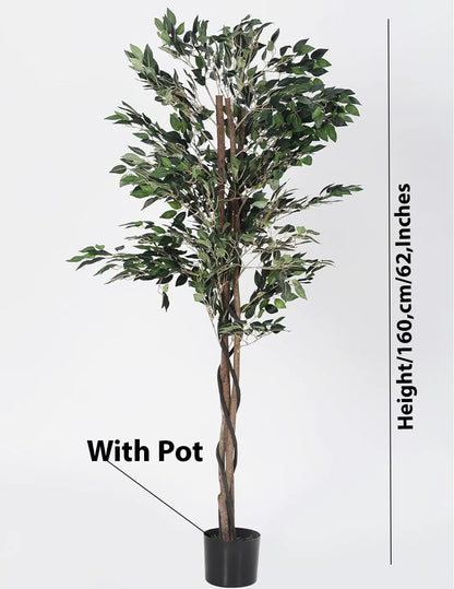 Artificial Green Dried Ficus Plant with Basic Black Pot - 160 cm Tall Green Leaves