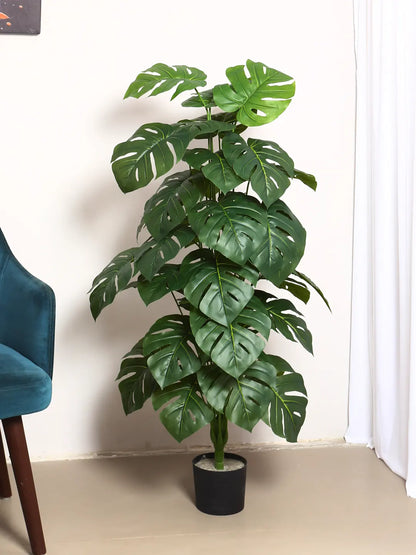 Artificial Midas Monstera Plant with Basic Black Pot - 4 Feet 24 Green Leaves