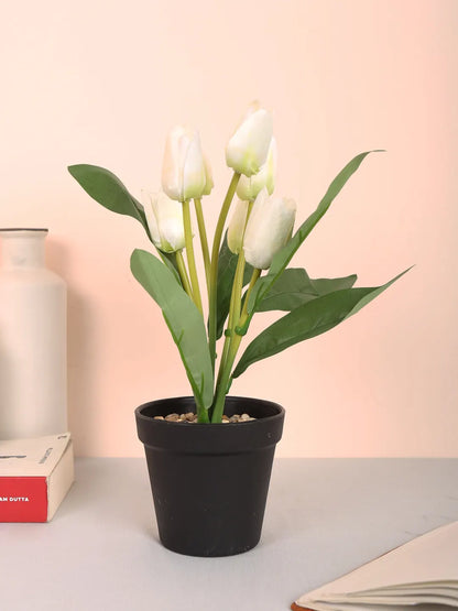 Artificial Mini Tulip Flower Bonsai Plant with Pot (32 cm Height, 7 Tulip Stems)