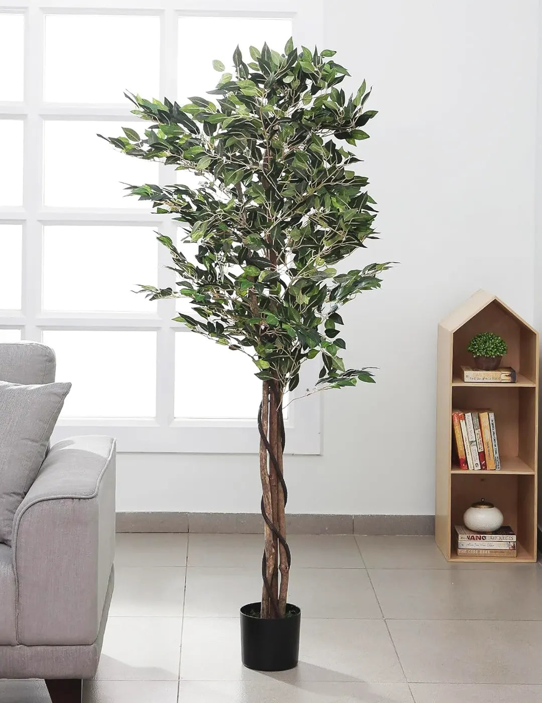 Artificial Green Dried Ficus Plant with Basic Black Pot - 160 cm Tall Green Leaves