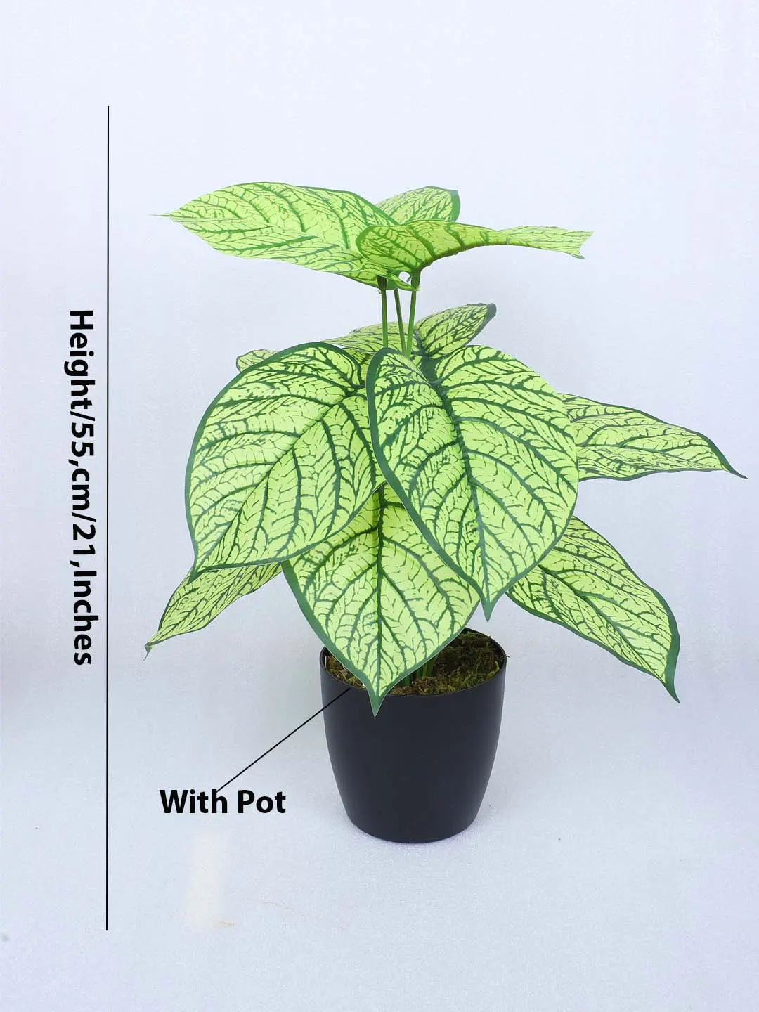 Artificial Miniature PVC Silk Caladium Leaf Floor Plant with Pot (12 Leaves, 55 cm Tall, Yellow)