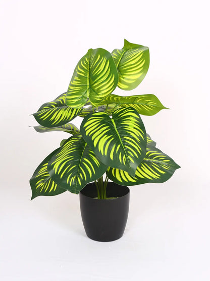 Artificial Miniature PVC Silk Watermelon Leaf Green Floor Plant with Big Leaves with Pot (12 Leaves, 55 cm Tall, Green)