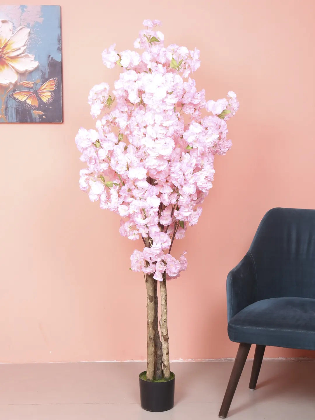 Artificial Pink Peach Blossom Flowers Plant For with Basic Black Pot - 180 Feet - Pink