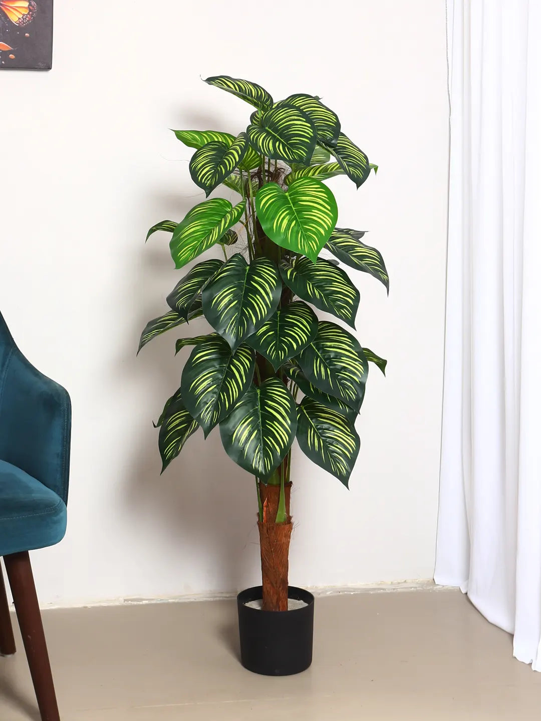 Artificial Dual Watermelon Looking Leaves Plant with Basic Black Pot - 120 cm Tall Green