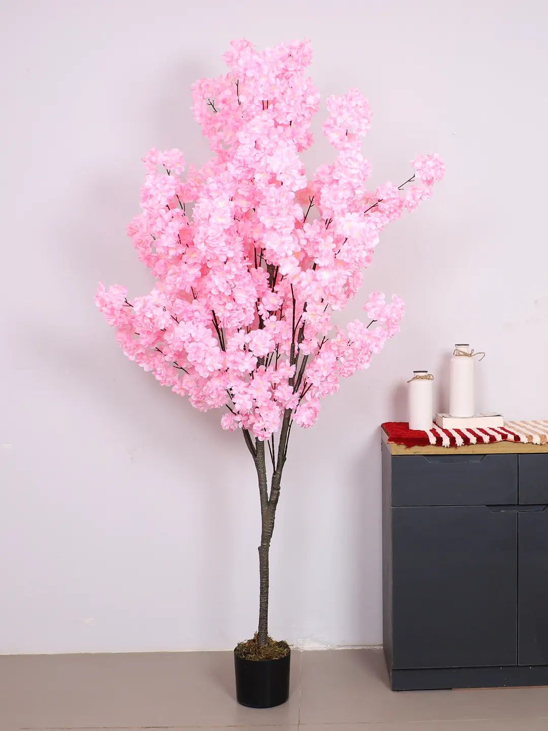 Artificial Pink Blossom Flowers Plant with Basic Black Pot - 6 feet