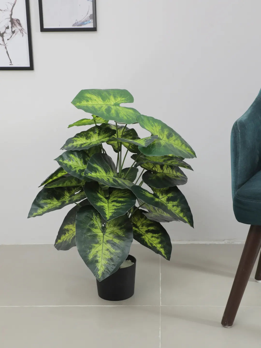 Artificial Dieffenbachia Leaf Green Floor Plant with Pot (24 Leaves, 80 cm Tall, Green/Yellow)