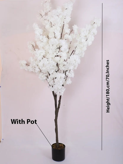 Artificial White Blossom Flowers Plant with Basic Black Pot - 6 feet