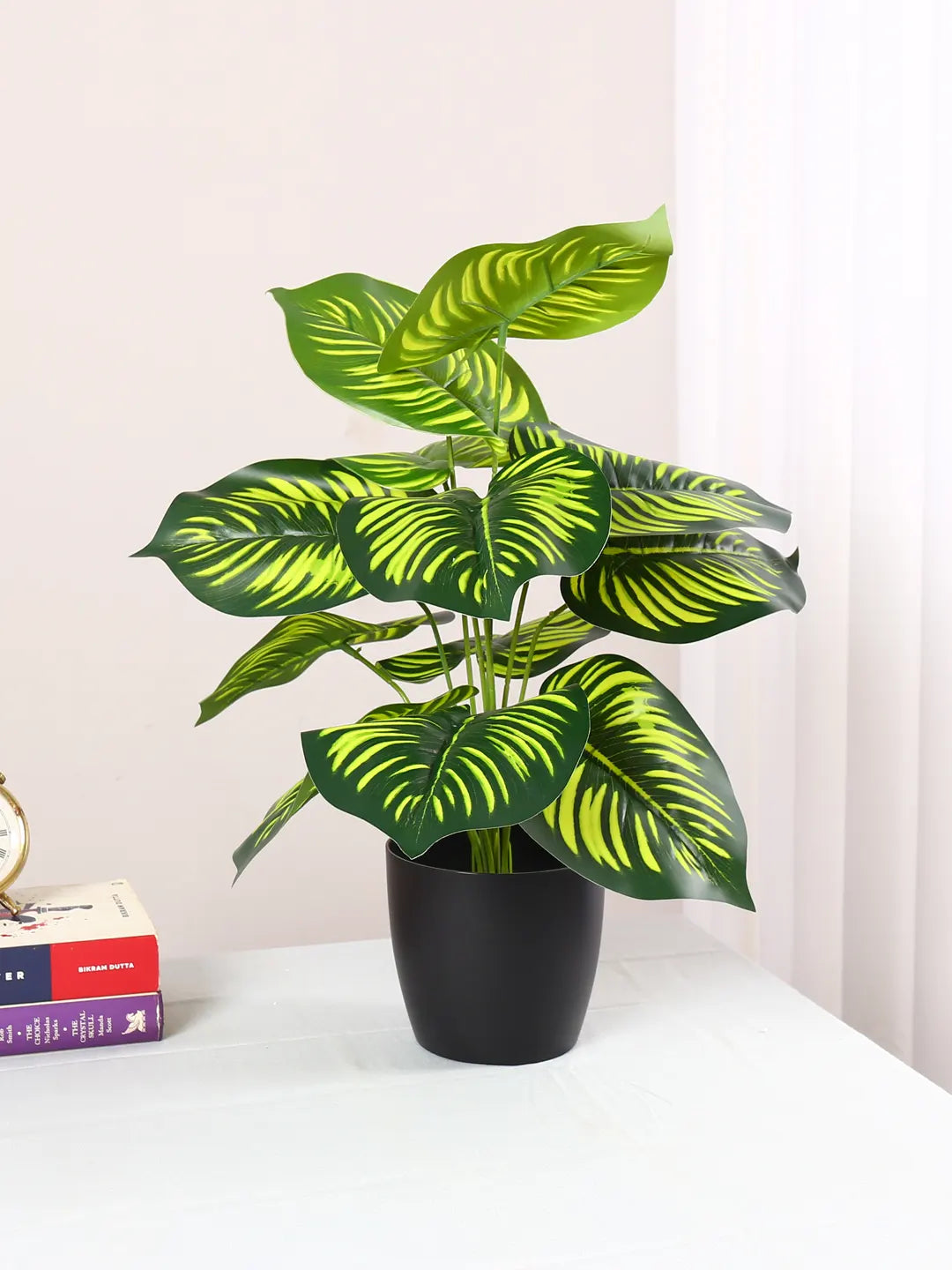 Artificial Miniature PVC Silk Watermelon Leaf Green Floor Plant with Big Leaves with Pot (12 Leaves, 55 cm Tall, Green)