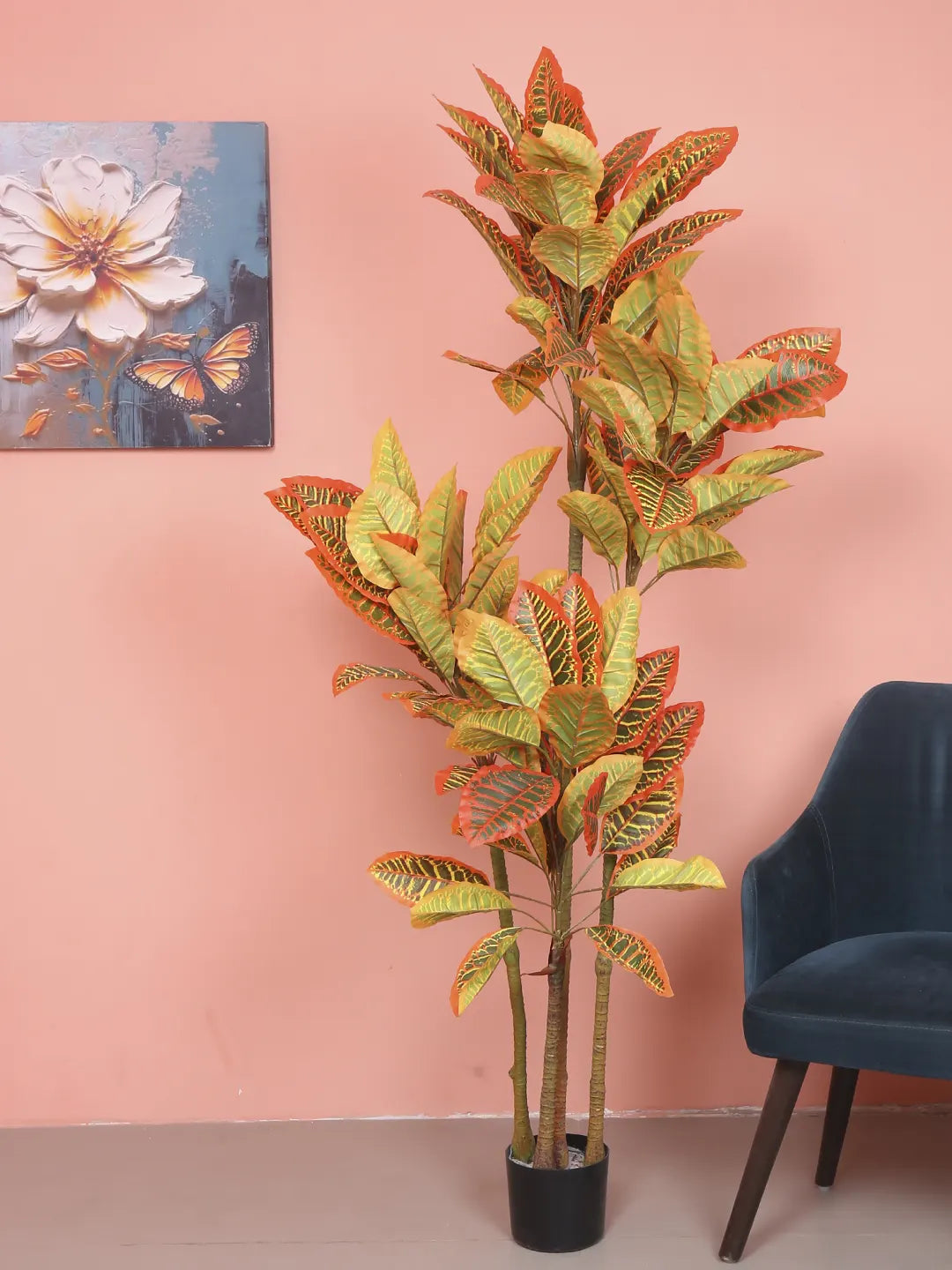 Artificial Multicolor Croton Grandiose Plant with Basic Black Pot - 6 Feet