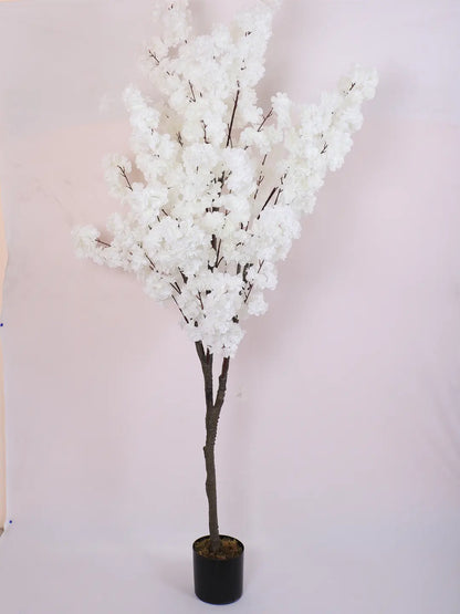 Artificial White Blossom Flowers Plant with Basic Black Pot - 6 feet
