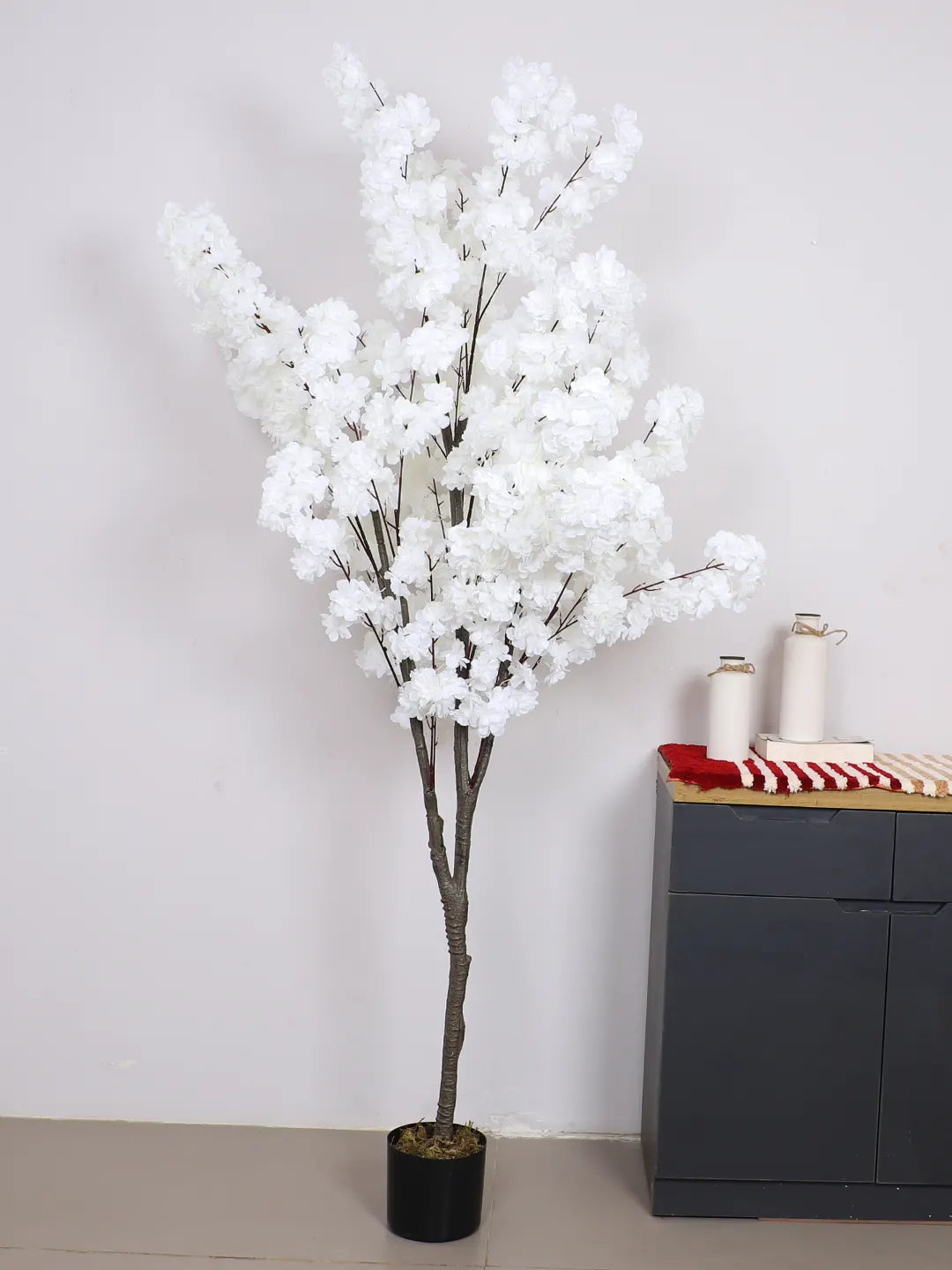 Artificial White Blossom Flowers Plant with Basic Black Pot - 6 feet