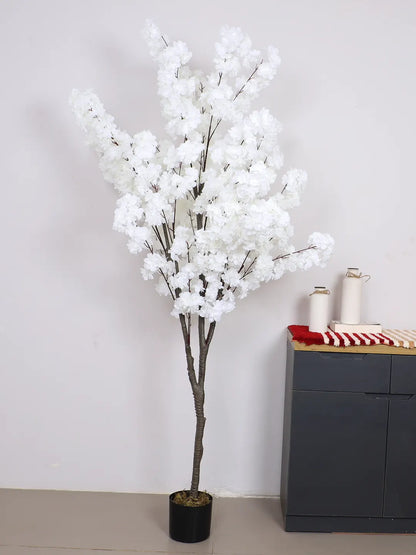 Artificial White Blossom Flowers Plant with Basic Black Pot - 6 feet
