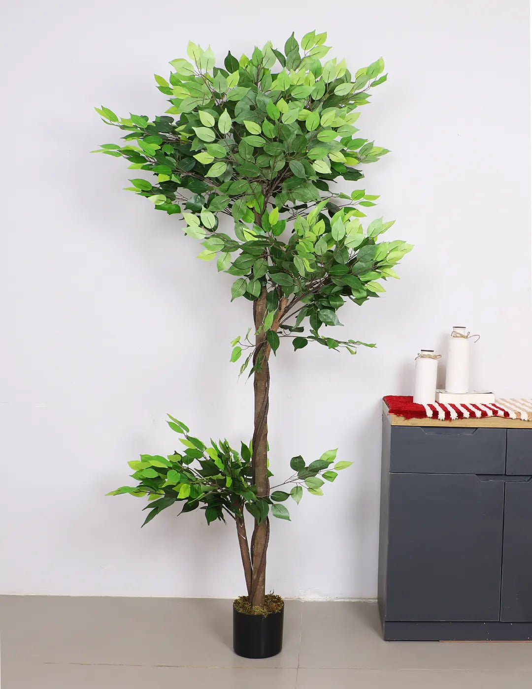 Artificial Green Dried Ficus Plant with Basic Black Pot - 6 Feet Tall Green Leaves