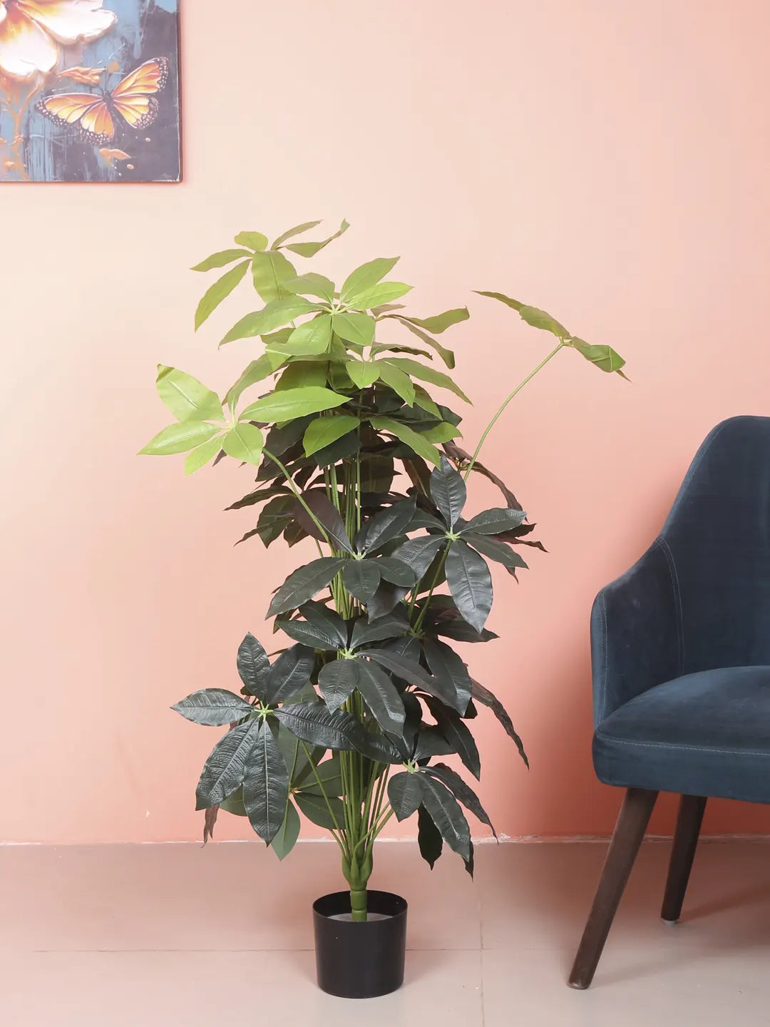 Artificial Midas Guiana Chestnut Plant with Basic Black Pot - 4 Feet 24 Green Leaves