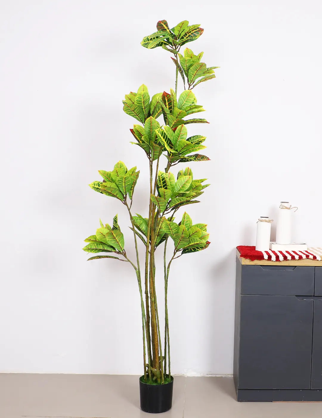 Artificial Multicolor Croton Grandiose Ficus Plant with Basic Black Pot - 6 Feet