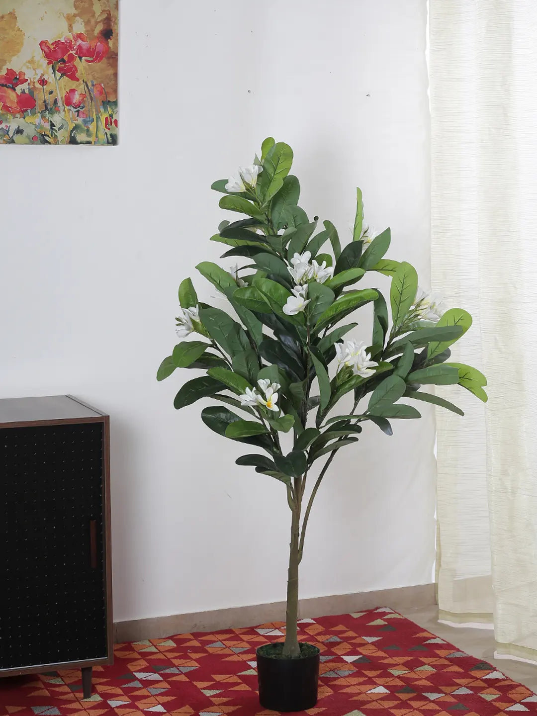 Artificial Frangipani Bloom Plant with Basic Black Pot - 4.5 Feet Green/White