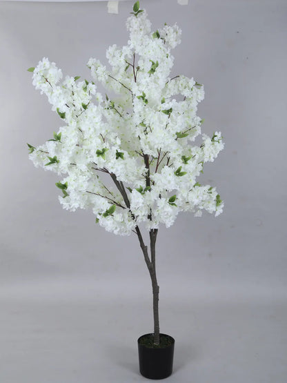 Artificial White Blossom Flowers Plant with Basic Black Pot - 6 feet