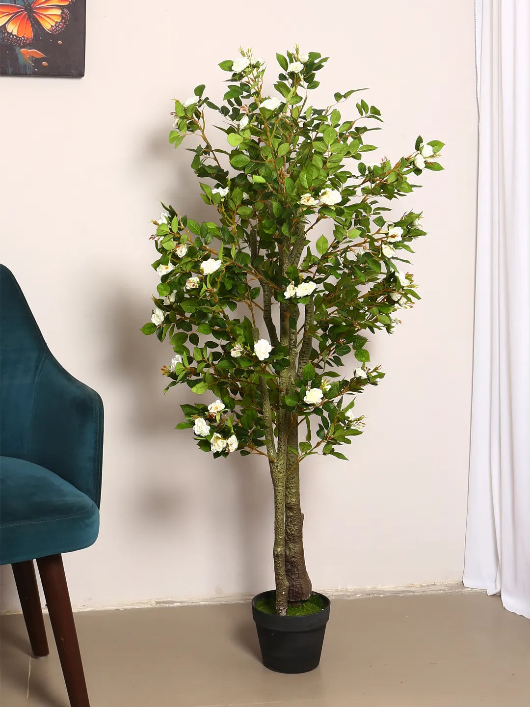 Artificial Twisted Rose Flowers Tree with Basic Black Pot - 125 cm Tall White