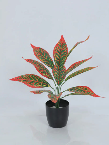 Artificial Red Iceton Croton Plant (12 Leaves with Basic Black Pot 45 Cm Tall)